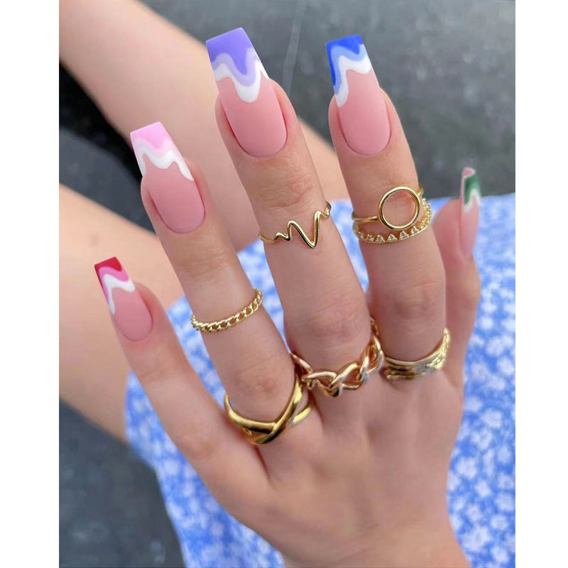 Fake Nails Multicolored Wave Pattern Nail Art-3