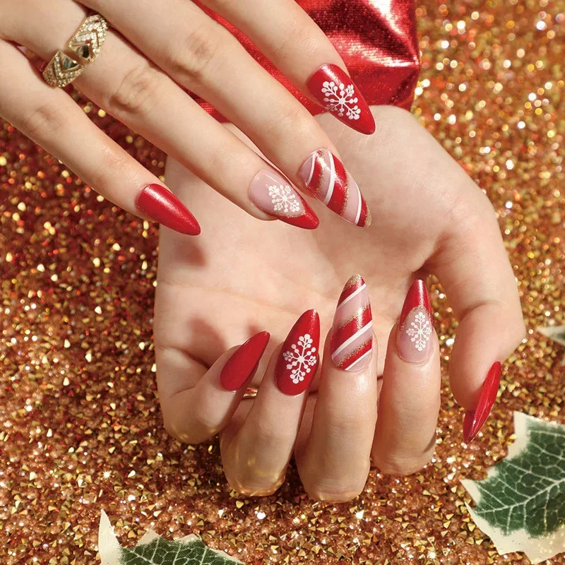 Gold Powder Christmas Fake Nails-16