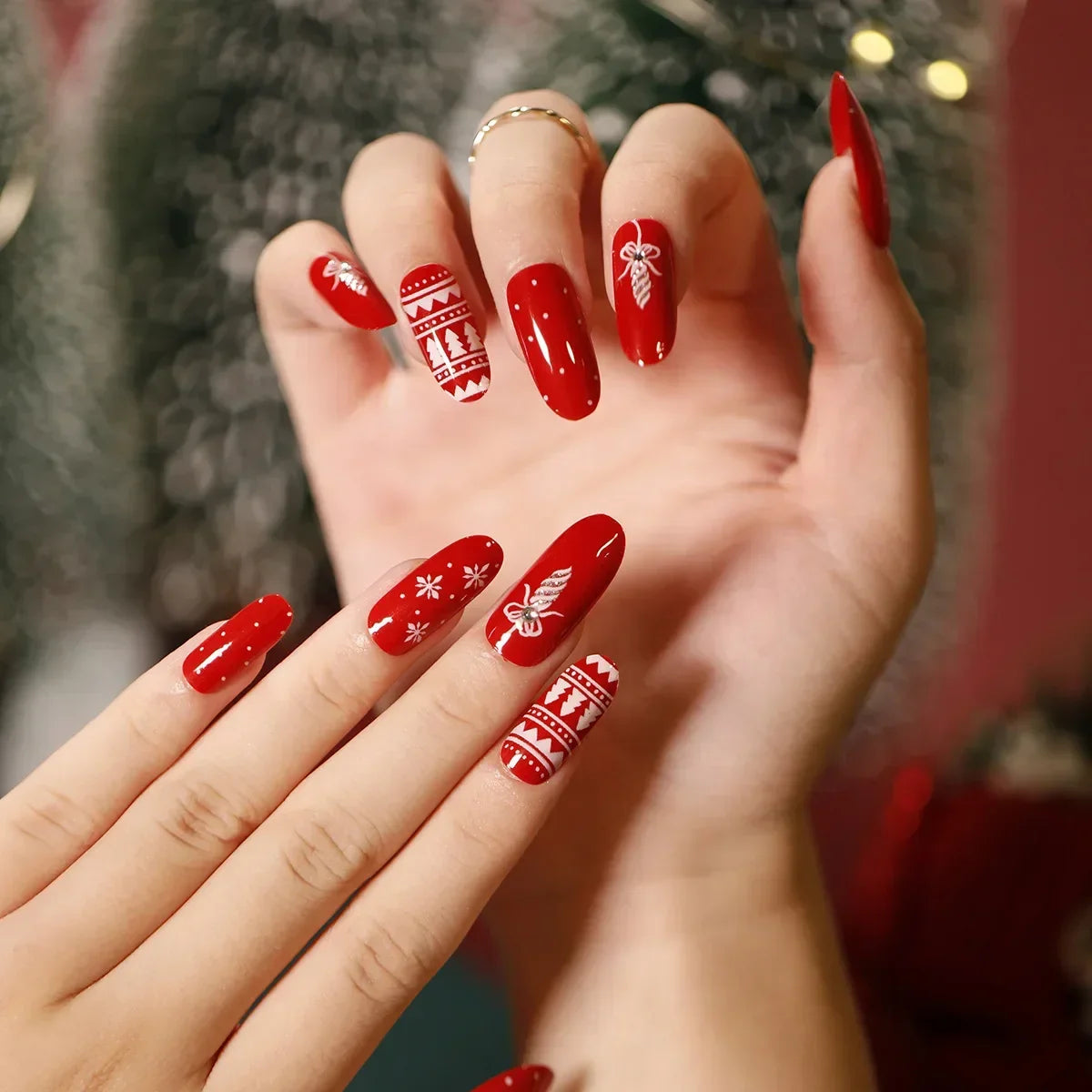 Gold Powder Christmas Fake Nails-27