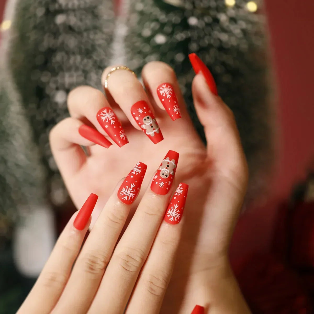 Gold Powder Christmas Fake Nails-61
